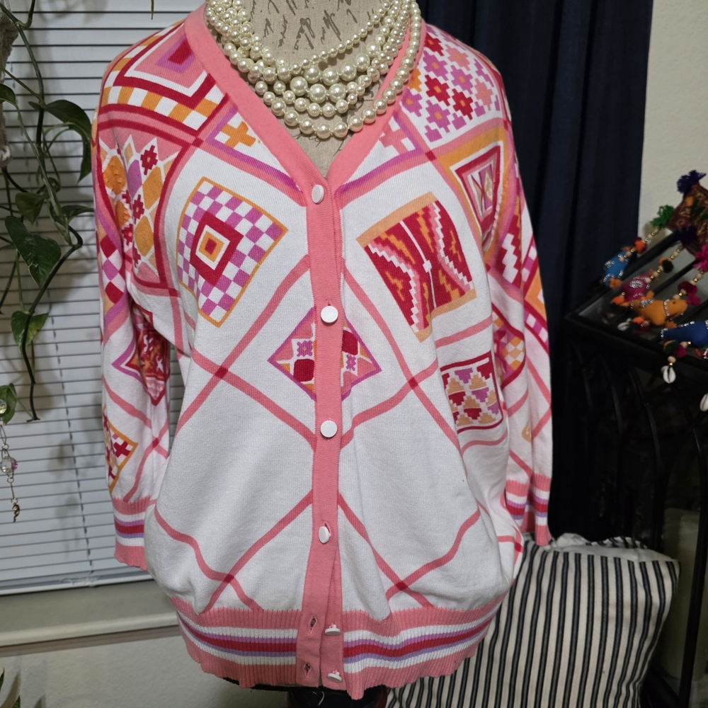 Bob Mackie Cute Preppy Pink White Orange Spring Wearable Art Cardigan